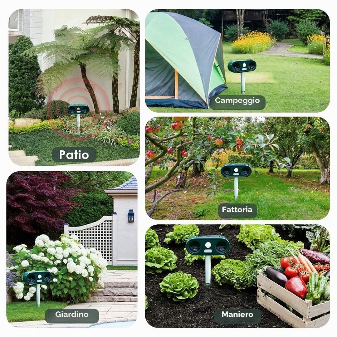 Cowiewie Dissuasore per gatti a ultrasuoni, a energia solare, impermeabile, con 5 modalità di frequenza, rilevatore di movimento PIR a 120° e luce lampeggiante, per giardino e uso esterno (verde)