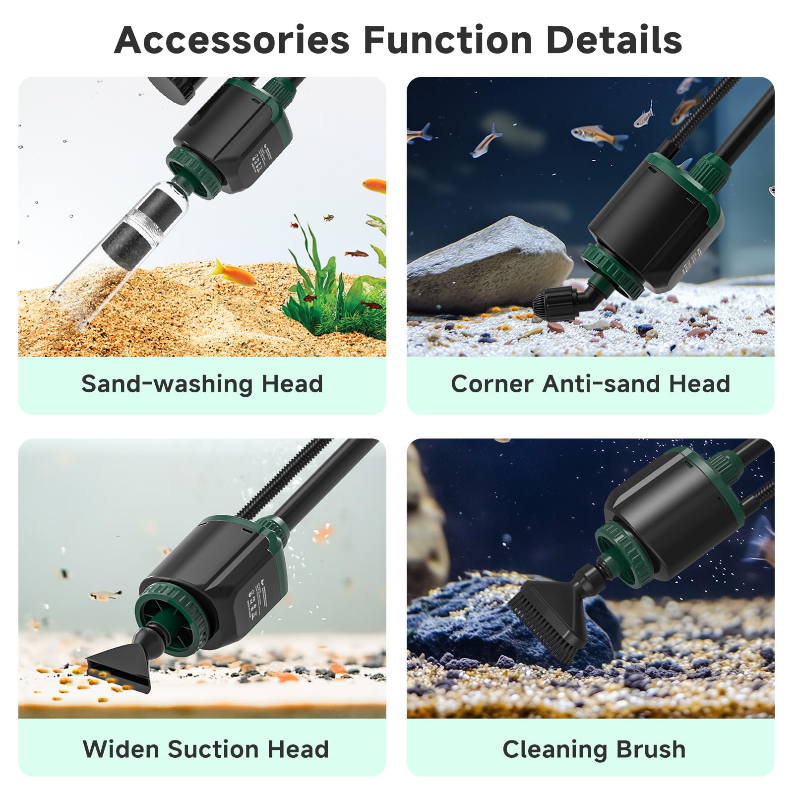 AQQA Nettoyeur d'aquarium 34 W 600 GPH DC Aspirateur de gravier pour aquarium, aspirateur de gravier d'aquarium 6 en 1 Débit d'eau réglable Outils de nettoyage pour changer l'eau, le lavage, le sable