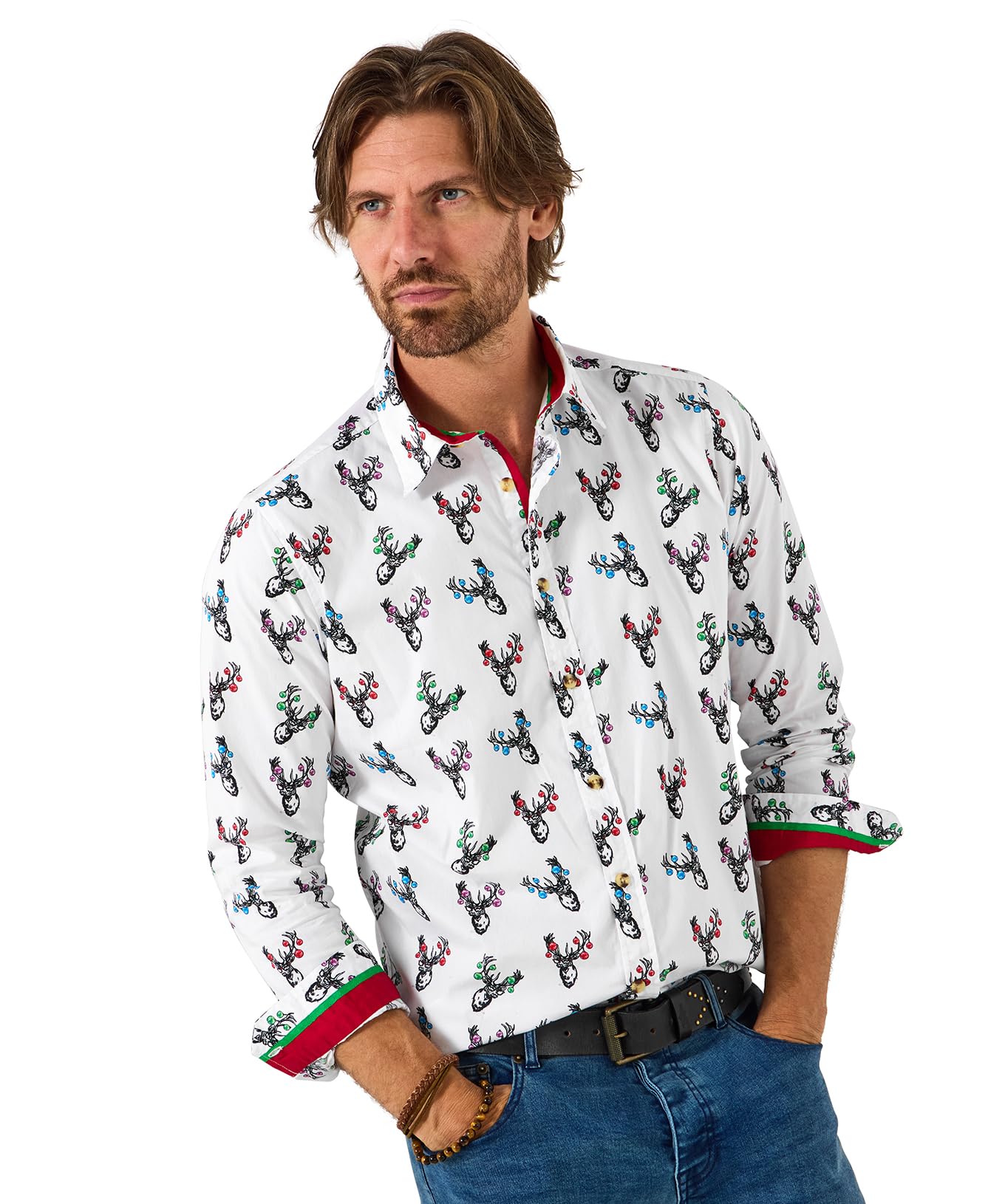 Joe Browns Mens Novelty Stag and Bauble Print Long Sleeve Shirt Regular White UK S