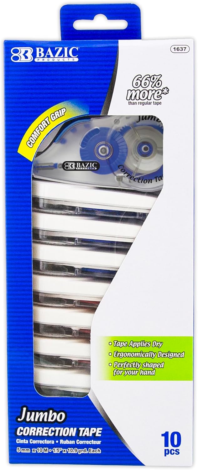 BAZIC Products Correction Tape Jumbo 5 mm x 394", Easy to Use Applicator White Out for Instant Corrections for Office School & Home (10/Pack), 12-Packs