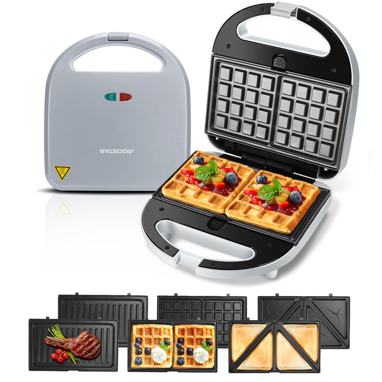 Aigostar Sandwichera 3 en 1: Sandwichera, Gofrera y Grill, 750W, 3 Placas Desmontables Antiadherentes e Intercambiables, Indicador Luminoso, Termostato, Gris, Grace