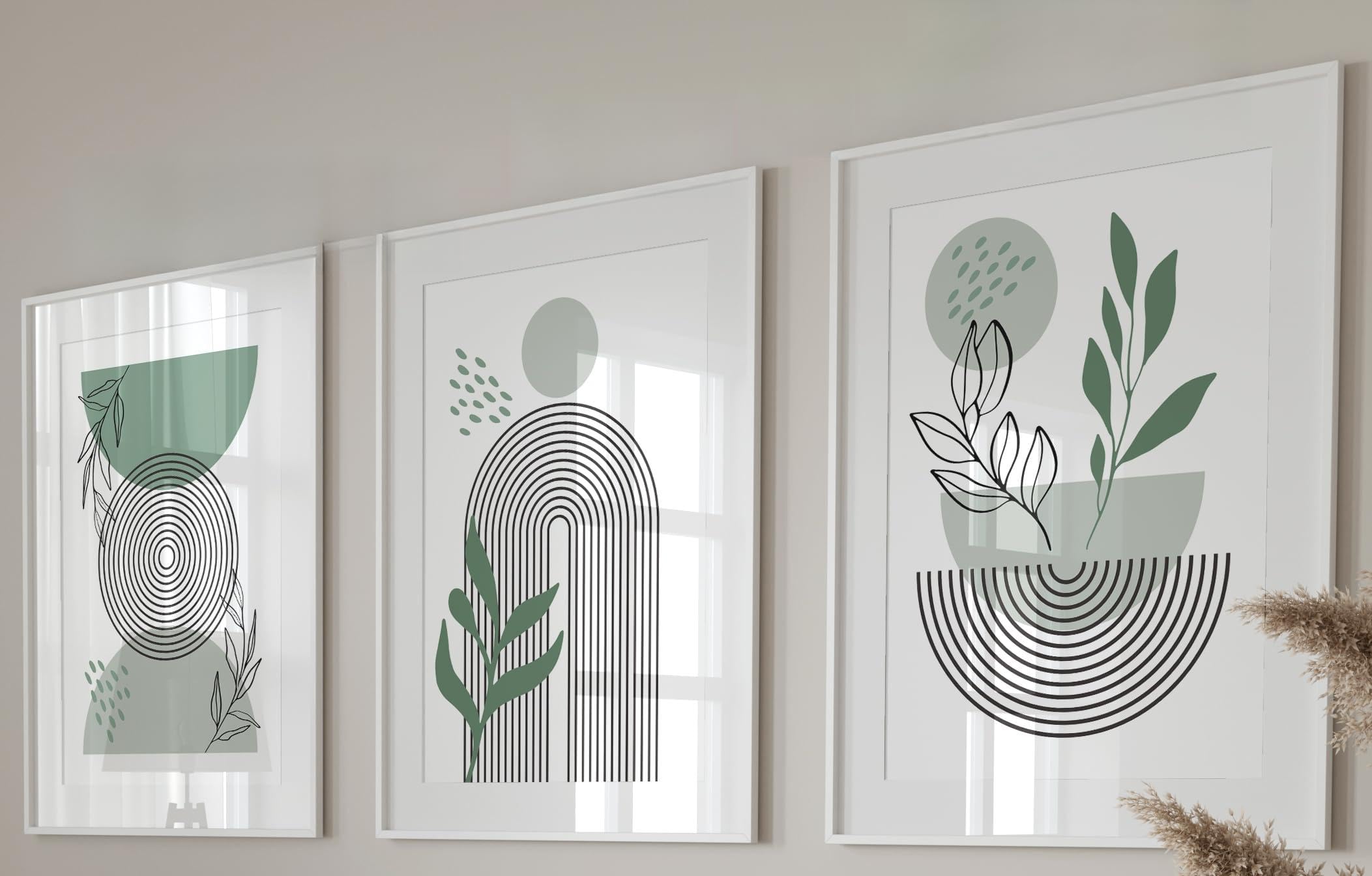 Eviepops Prints Set of 3 Unframed Boho Wall Art Prints, Modern Geometric Botanical Posters, Sage Green Abstract Leaf Art, Aesthetic Minimalist Home Decor for Lounge Bedroom Kitchen Office (A3)