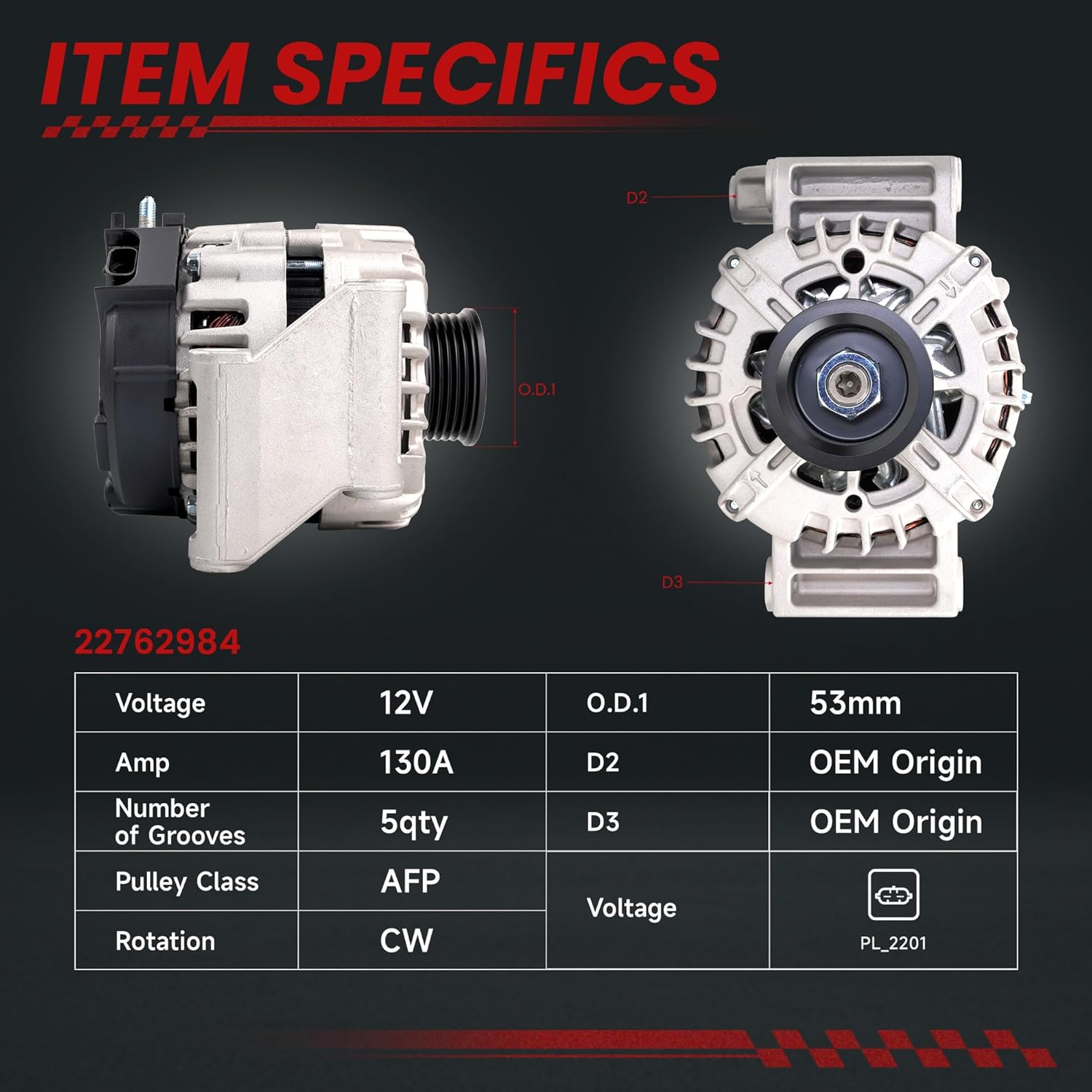 High Output Alternator for/Chevy for/Chevrolet Cobalt 2008-2010, Malibu 2008-2012, for/Pontiac G5 2008-2010, for/Saturn for/Aura Sky Vue 2008-2010, OE Replacement 22762984, 12V 125Amp