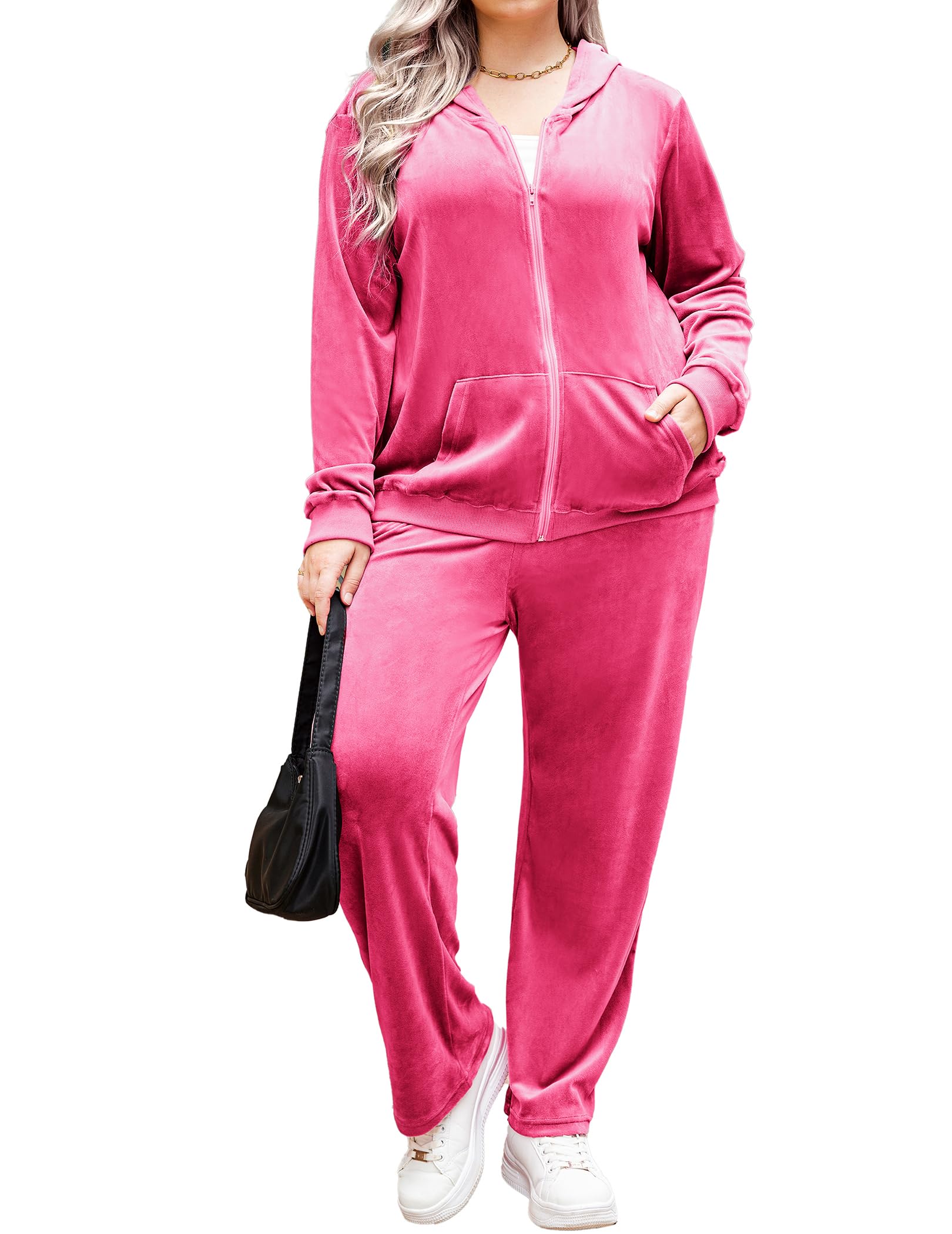 IN'VOLANDWomen's Plus Size Velour Tracksuit Long Sleeve Sweatsuit 2 Piece Jogging Outfit Zip Up Hoodie With Pockets