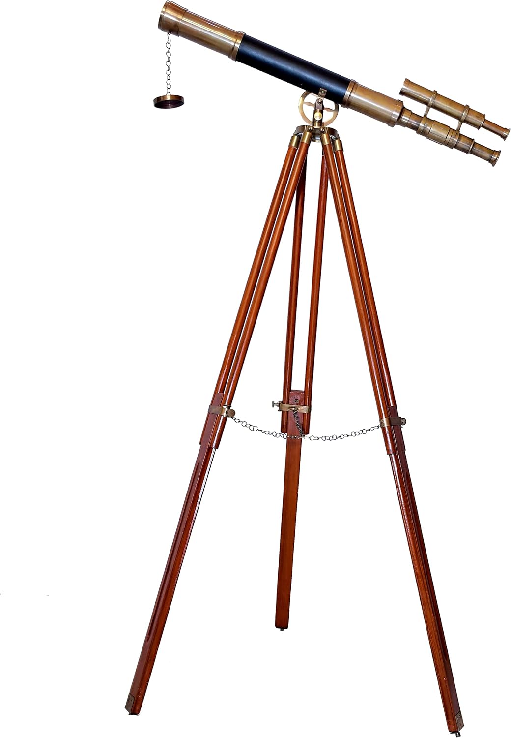 Nautical Double Barrel Telescope Antique Finish with Brown Wooden Tripod Brass Floor Standing