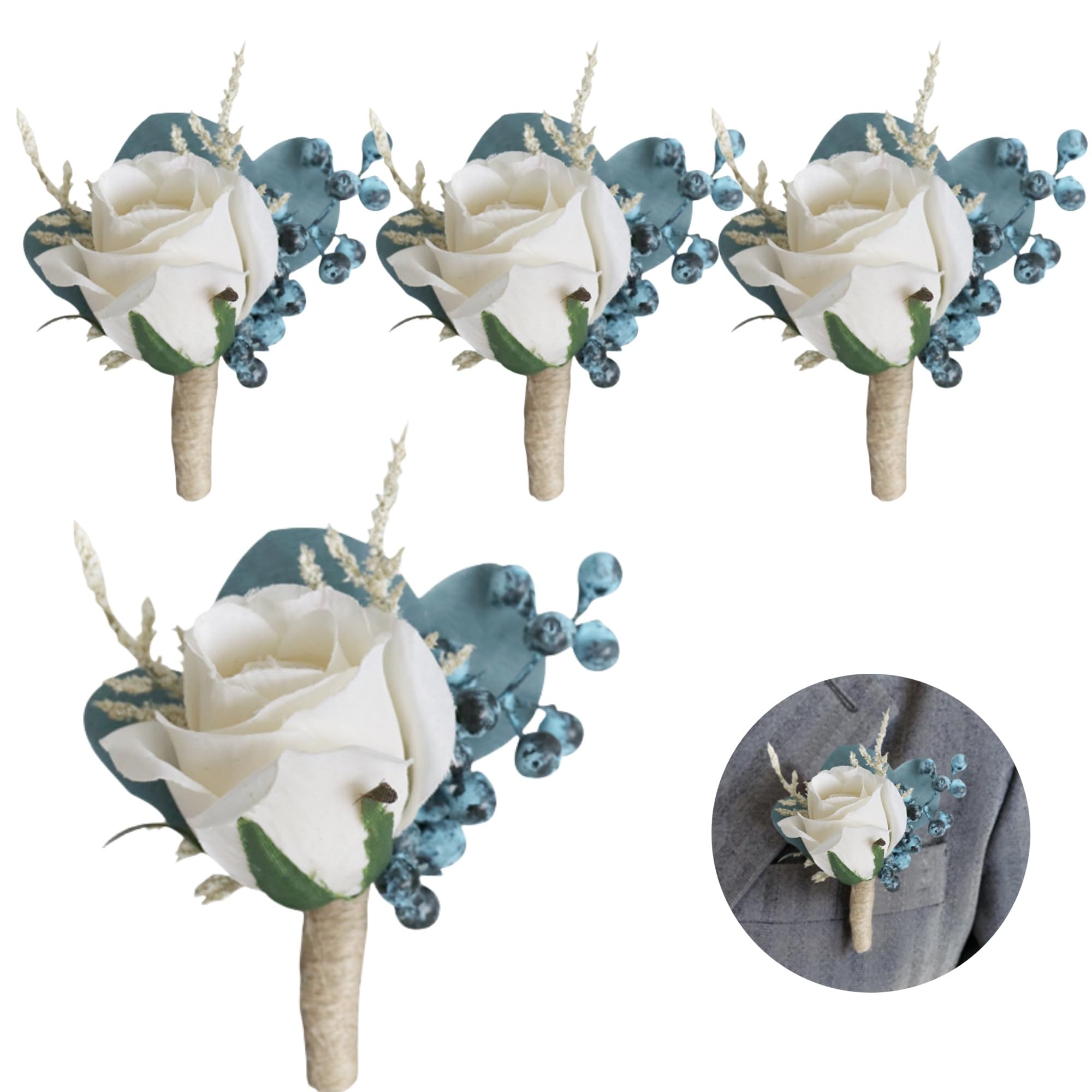 Huilimei 4PCS Peacock Blue Artificial Men's Rose Boutonniere,Bride and Groom Bridesmaid Corsage Wedding Ceremony,Anniversary,Dinner Dance Flowers Decor with Pin for Suit Dress