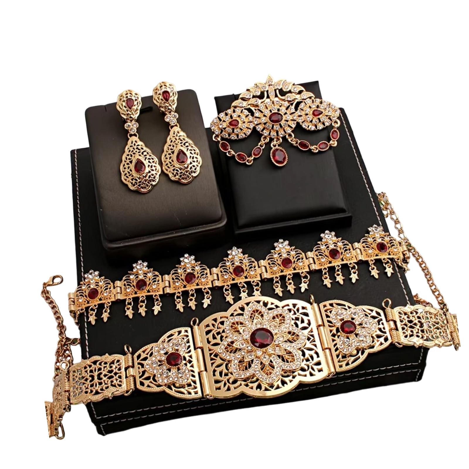 Conjunto de joyería nupcial marroquí Color chapado en oro para vestido de novia que incluye aretes con broche de cinturón en estilos árabes Conjunto de joyería de boda