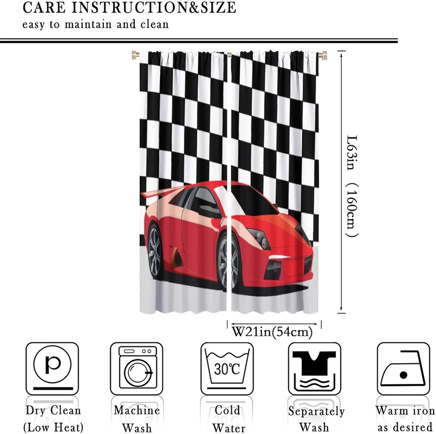 Boy Race Car Window Curtains, Race Car Competition Extreme Sports Black White Checkered Grid Decorative Curtain Rod Pocket Window Treatment for Kids Teens Men Bedroom Living Room 42x63in