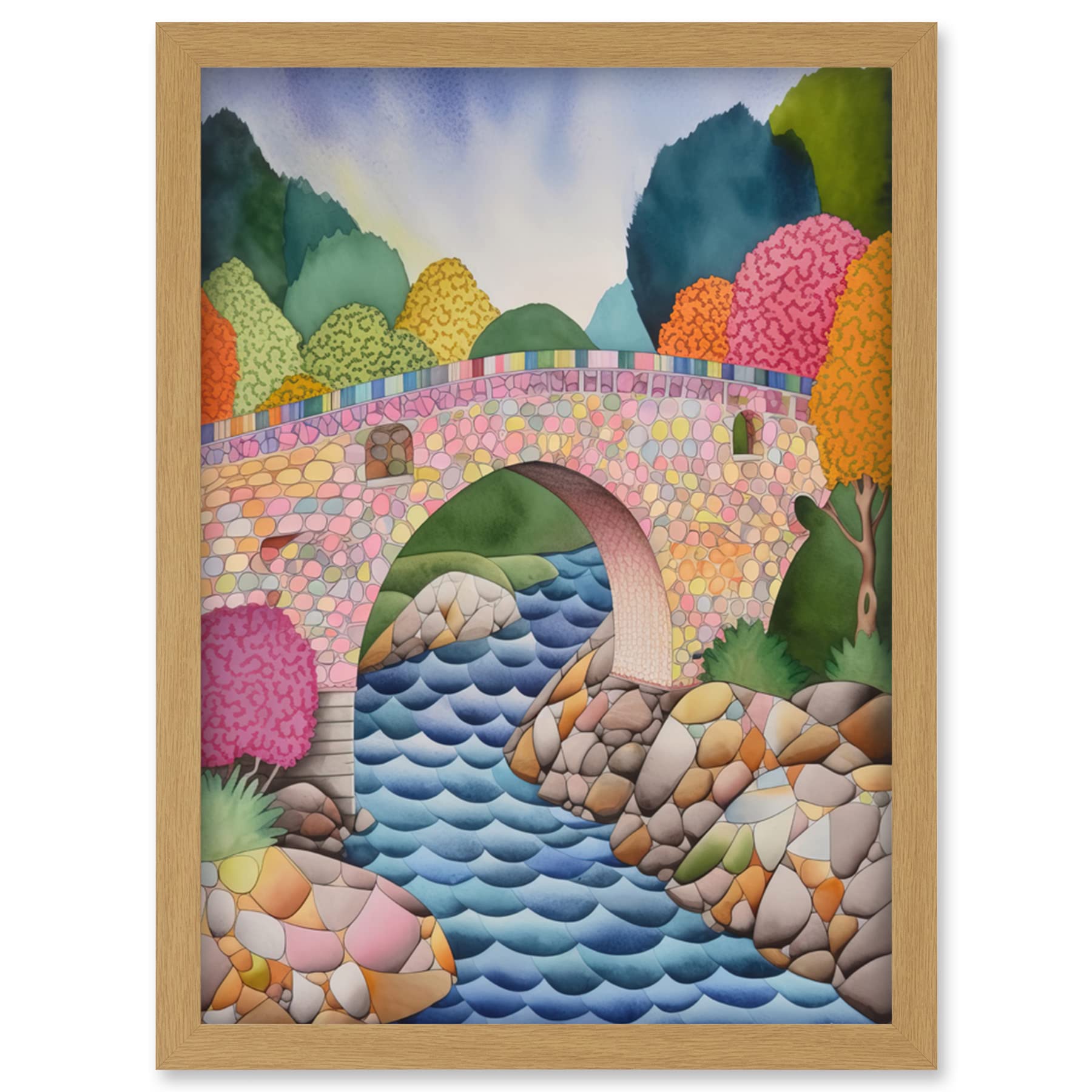 Artery8 Modern Folk Art Countryside Bridge Artwork Framed Wall Art Print A4