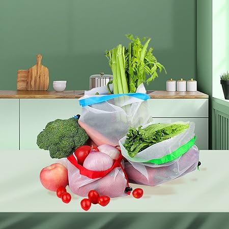 LUMOOM 8 sacchetti a rete per frutta e verdura, riutilizzabili, con coulisse, in rete trasparente, per alimenti, giocattoli, casa, verdure