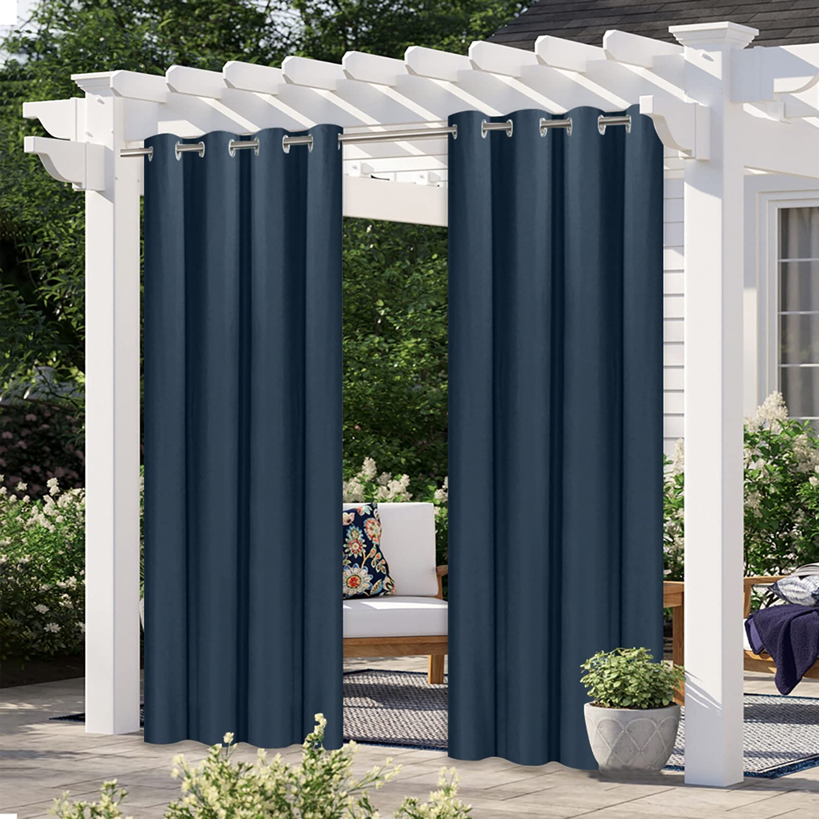 LDIW Outdoor Vorhänge Wasserabweisend 2 Stück Gardinen Verdunkelungsvorhang mit Ösen für Terrasse/Balkon Sichtschutz Gardinen,Blau,W134*H210cm