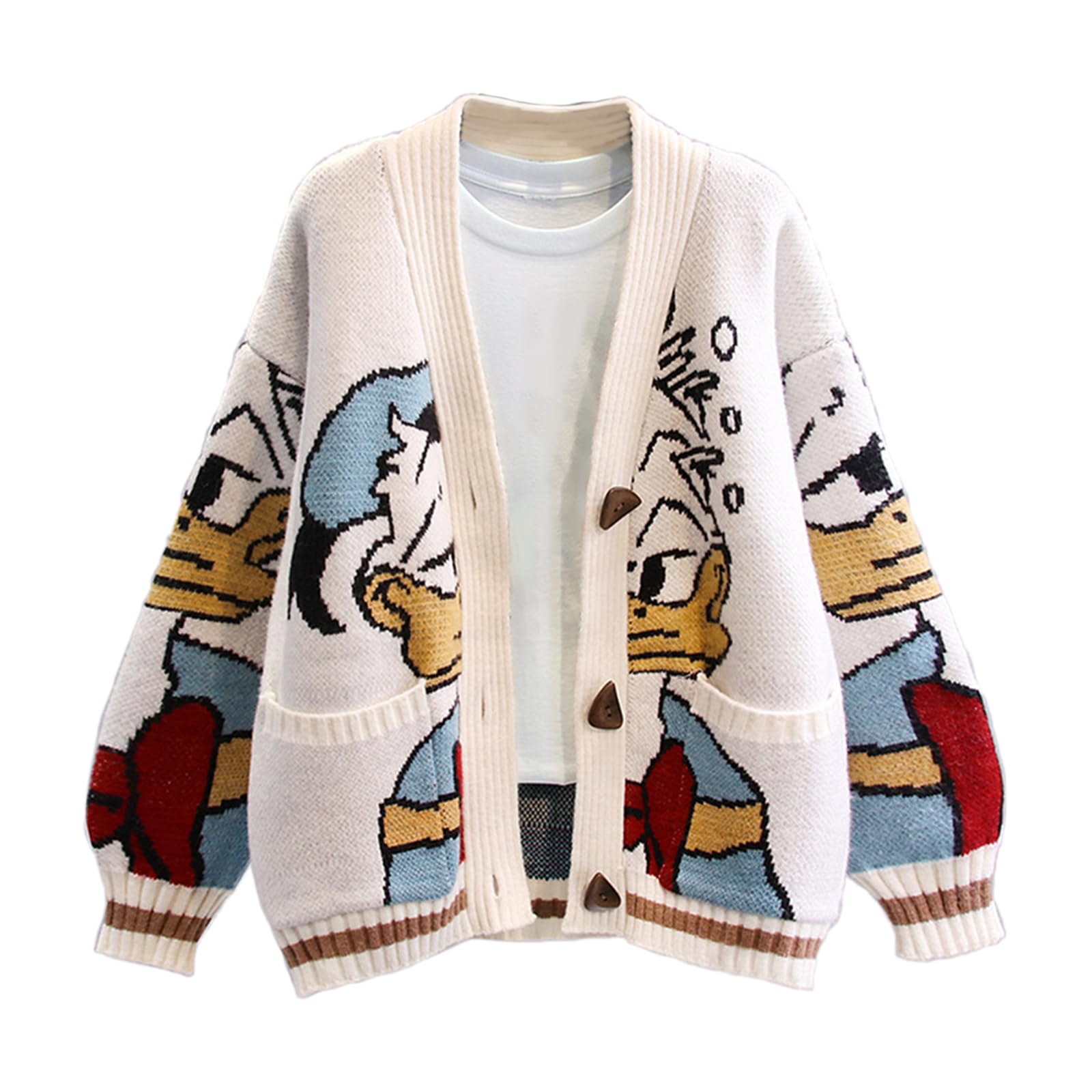 Womens Button Down Slouchy Wool Blend Coat Fall Cute Embroidery Cartoon Duck Cable Knit Cardigans Sweater with Pockets