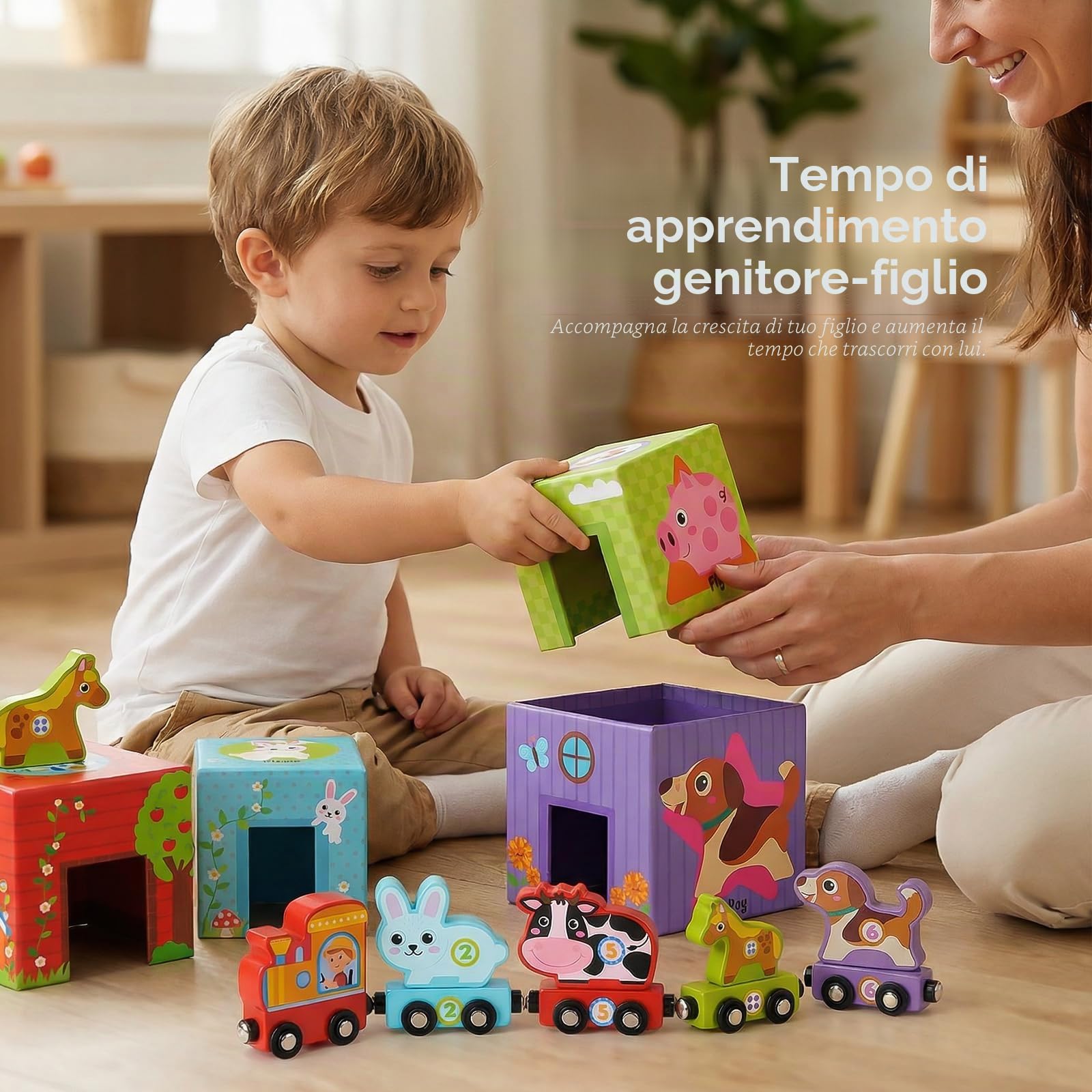 Atoylink Fattoria Cubi Impilabili di Giocattoli per Bambini, Giochi Montessori con 6 Cubi Impilabili & 6 Fattoria Animali Bambini & 6 Trenino Legno, Gioco Educativo Regali per Bambini di 3 Anni