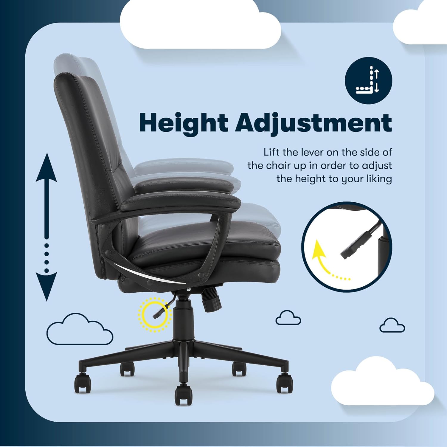 Serta Comfort Modern Executive Office Chair, Ergonomic Mid-Back Computer DeskChair, Semi Plush Cushion Seat, Double-Layer SertaQuality Foam, Padded Armrests, Metal Swivel Base, Bonded Leather, Black