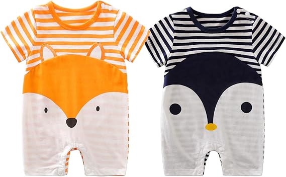 Amazon Co Jp Zybaby 夏 ベビー服 半袖ロンパース 2枚セット 女の子 男の子 肩ボタン 動物柄 コットン 赤ちゃん服 肌着0 24m 服 ファッション小物