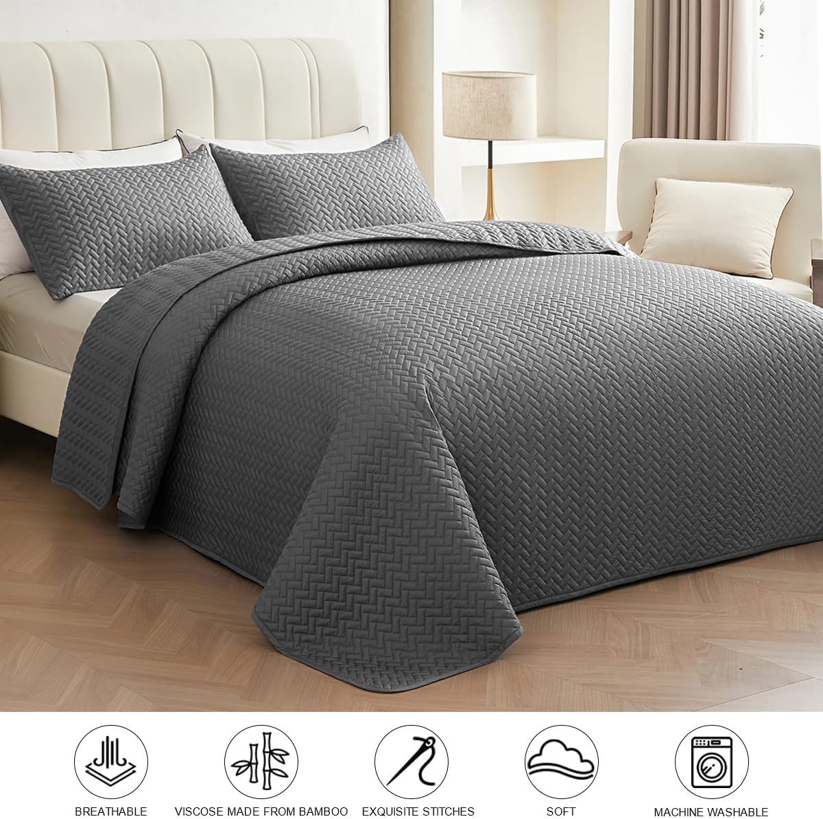 STWIENER 100% Viscose Made from Bamboo Quilt Set Queen Size - Summer Cooling Quilts Comforter Sets - Includes 1 Quilt, 2 Pillow Shams (Grey, 90"x96")