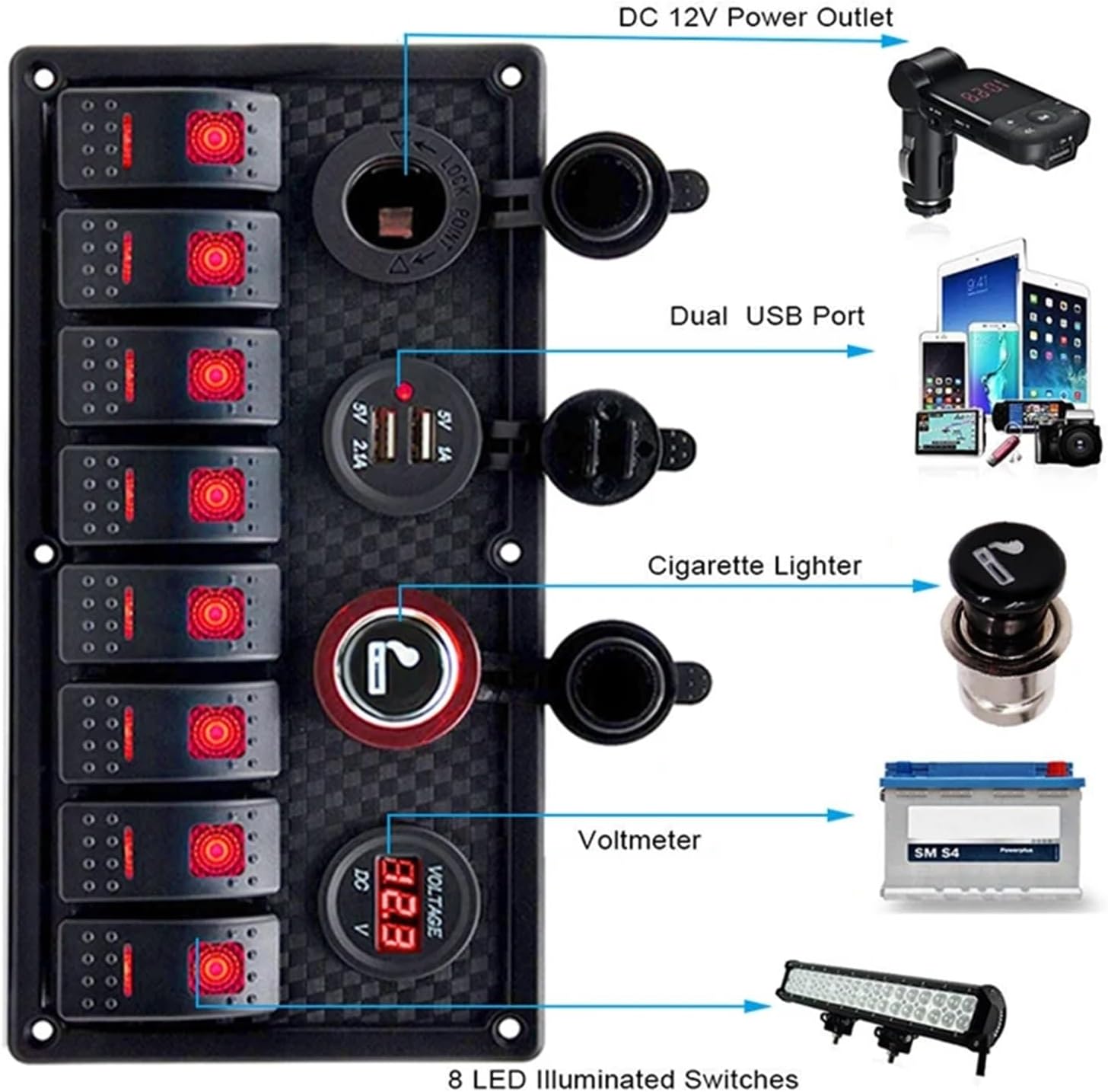 8 Gang Rocker Switch Panel Circuit Breaker Overload Protected Voltmeter 12V 24V DC USB Charger Port RV Car Boat Marine Blue LED(Green)