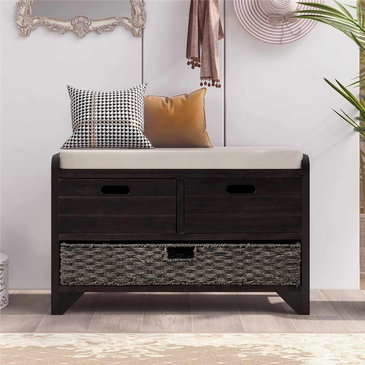 Storage Ottoman with Removable Cushion, Wood Bench with Removable Basket and 2 Drawers for Bedroom, Living Room, No Assembly Required, Espresso