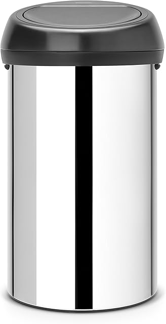Brabantia 60 Litre Large Kitchen Touch Bin (Brilliant Steel/Matt Black Lid) Removable Lid, Soft-Touch Open, Easy Clean Rubbish Food Waste Bin