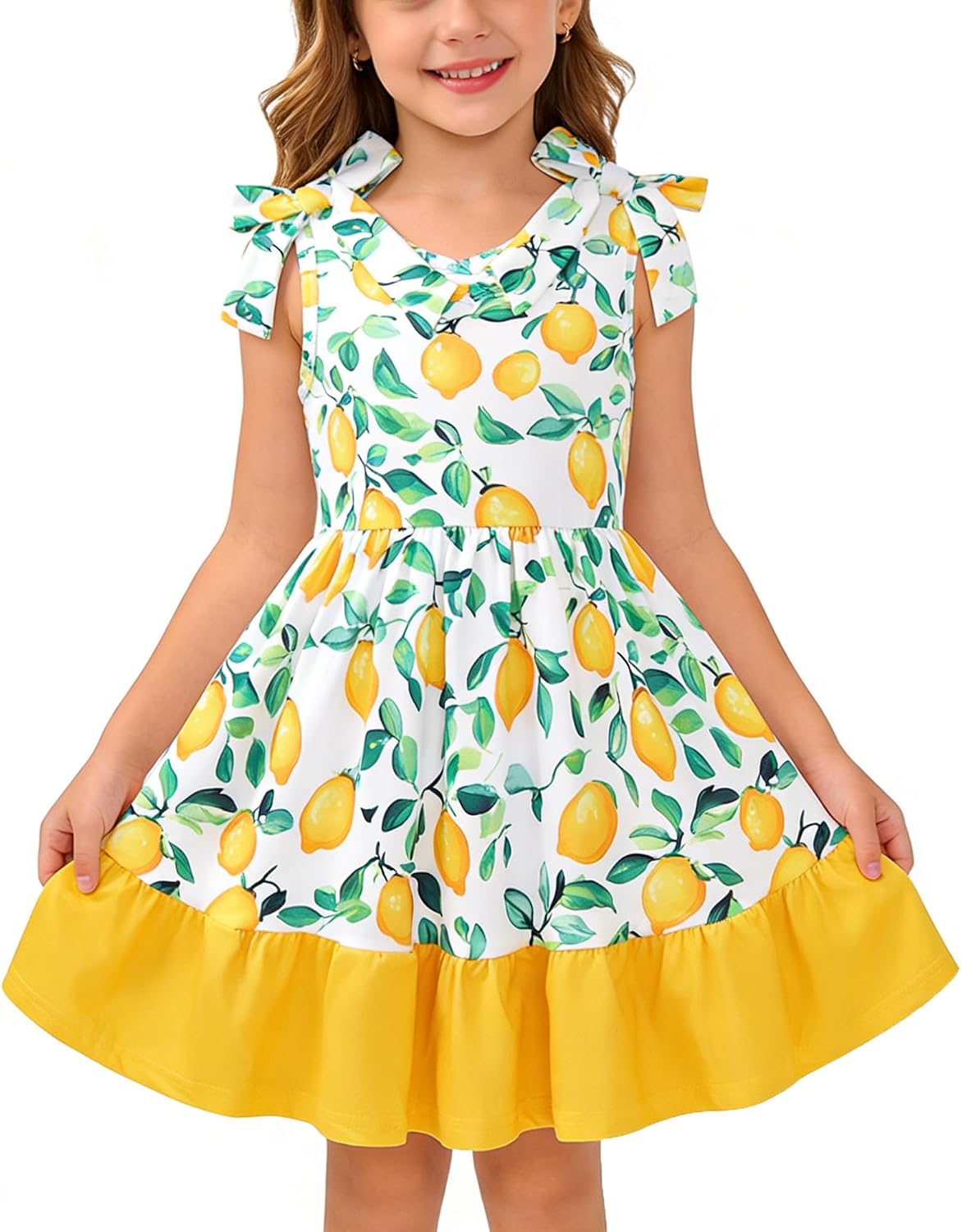 Toddler Girls Summer Dress Bow-Tie Straps V Neck Party Dresses Cute Floral Printed Sleeveless Beach Sundress