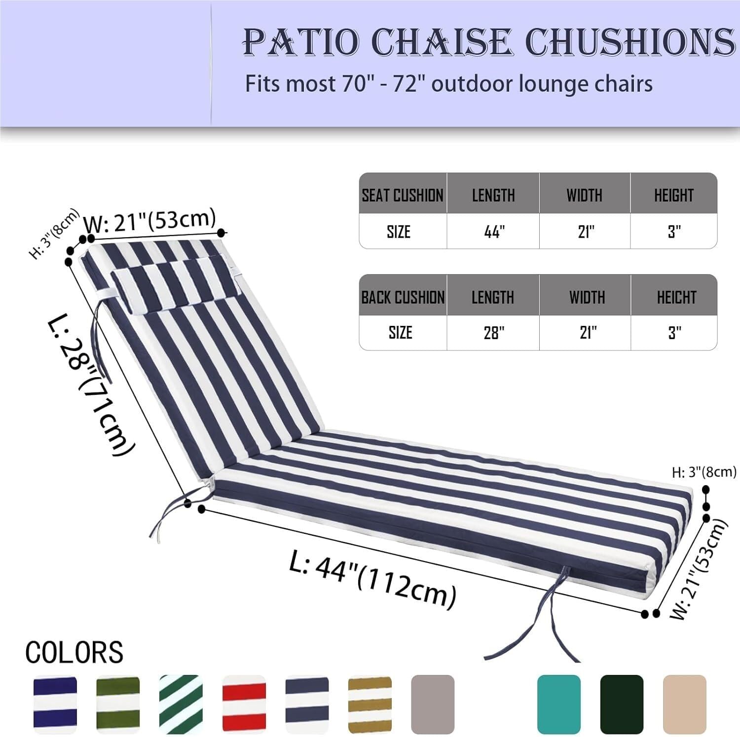 Outdoor Chaise Lounge Cushion with Headrest, 3" Thick 25D High Density Foam Replacement Pad,Waterproof Non-Slip for Lawn Poo(Blue White Stripes)