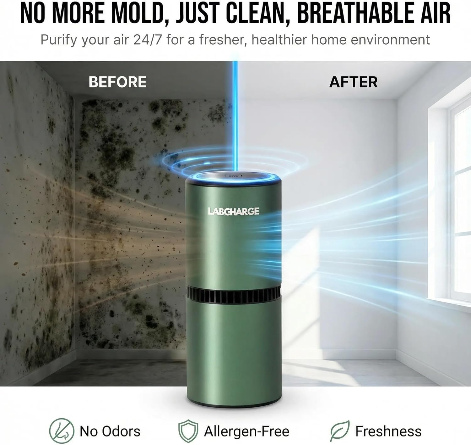 Lab Charge Small Ionic Air Purifier for Home & Bedroom – Silent HEPA Filter – Covers 250 Sq Ft - Free Cleaner for Pets, Hair, Smoke, Dust, Odors & Dander – Compact & Green Design - Pack of 3