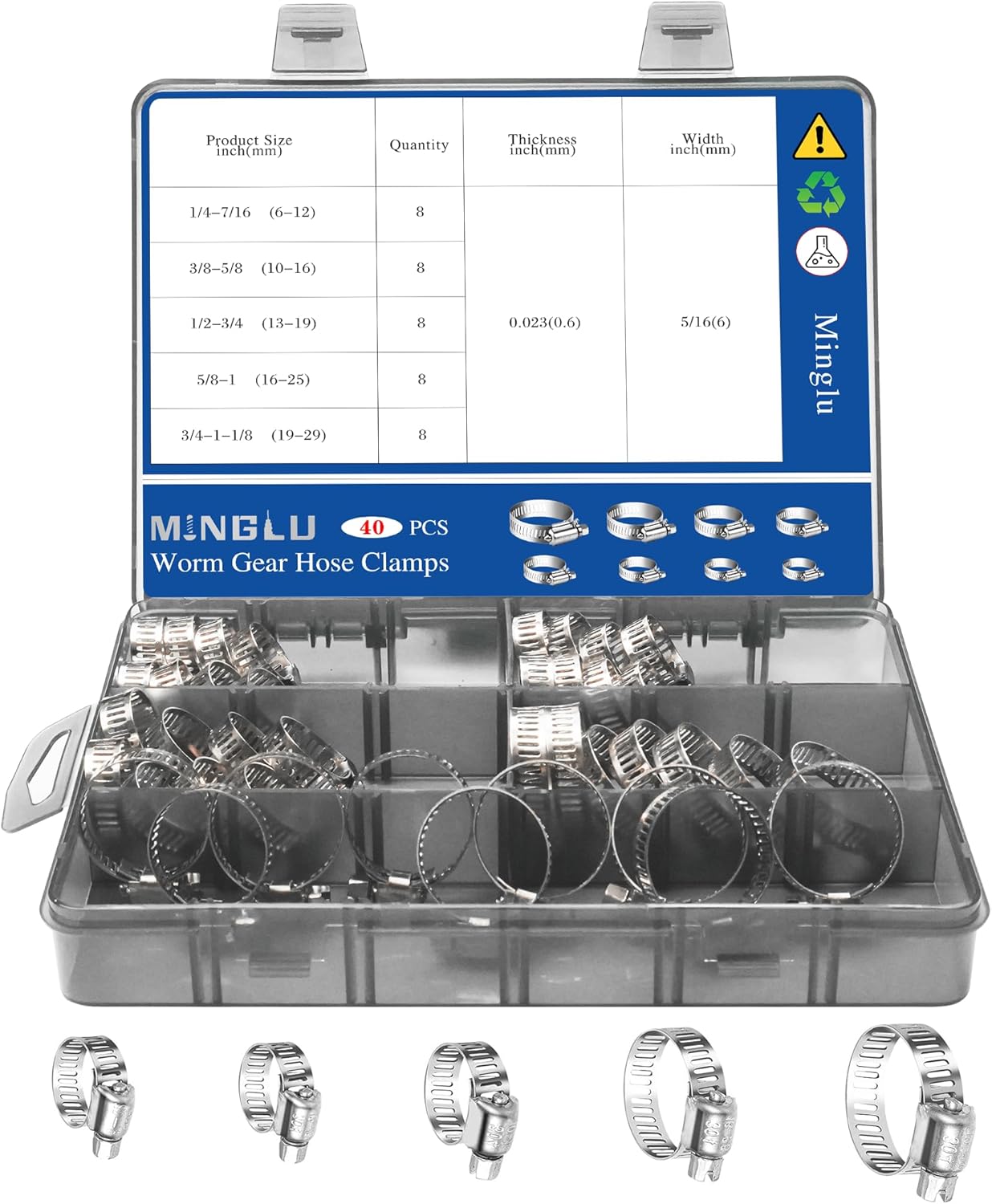 40PCS Hose Clamp Set, 1/4″–1-1/8″ 304 Stainless Steel Worm Gear Fuel Line Hose Pipe Clamps for Fuel Injection Line, Automotive, Radiator, Garden