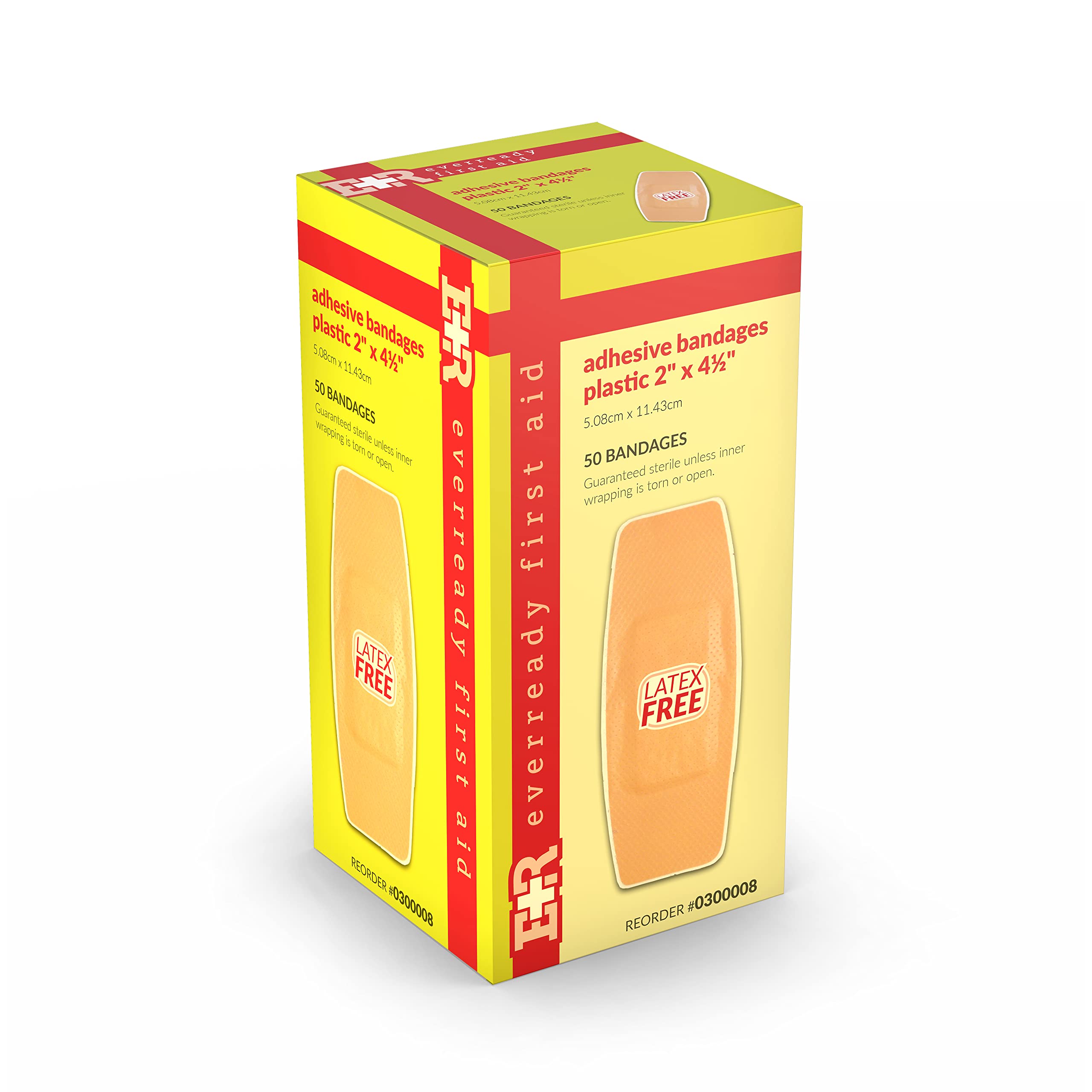 Ever Ready First Aid 2” x 4 ½” Plastic Adhesive Bandages, Latex-Free, Sterile Strips for Wound Protection – 50 Count