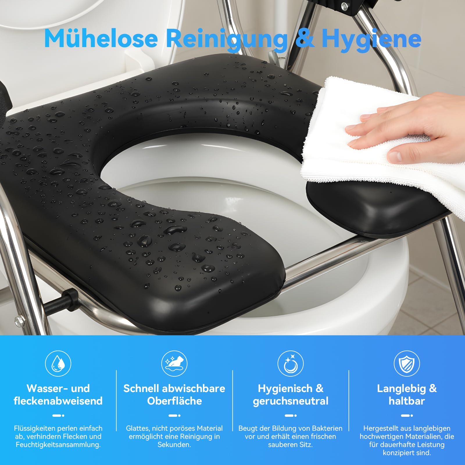 Toilettenstuhl klappbar für Senioren – 2-lagiges dickes Sitzkissen, breiter Edelstahlrahmen, höhenverstellbar, bis 200 kg belastbar, fahrbarer Duschstuhl & Toilette (Schwarz)