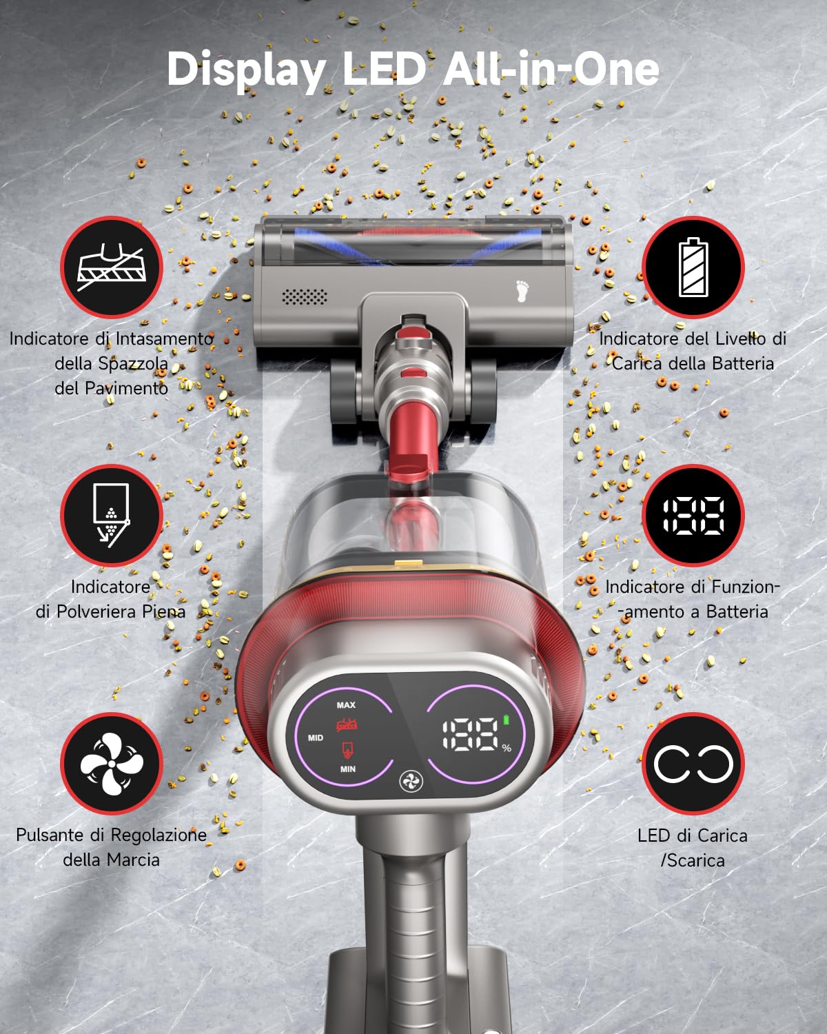 55Kpa&650W Aspirapolvere Senza Fili, 75Mins Scopa Elettrica Senza Aspirapolvere Senza Fili Potente con 2 litri doppio contenitore, supporto di ricarica da parete/Schermo OLED Smart