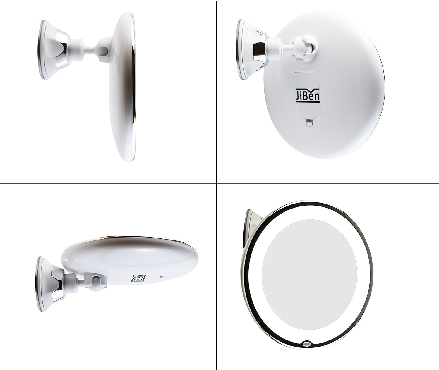 JiBen LED Lighted 10X Magnifying Makeup Mirror with Power Locking Suction Cup, Bright Diffused Light and 360 Degree Rotating Adjustable Arm, Portable Cordless Home and Travel Bathroom Vanity Mirror