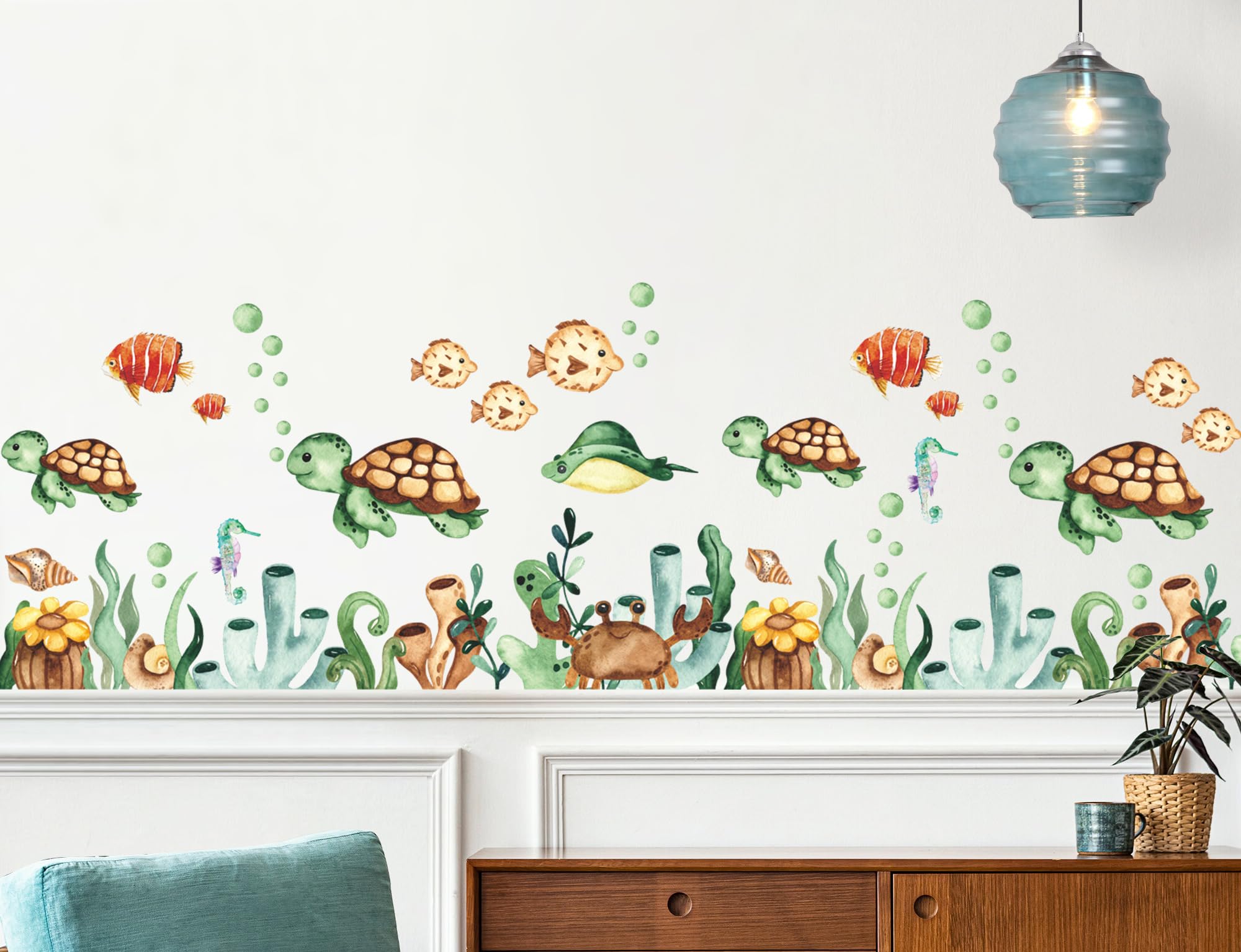 Under The Sea Wall Decals Sea Turtles Seaweed Wall Stickers Ocean Life Coral Grass Vinyl Removable Peel and Stick Underwater Theme Wallpaper for Living Room Bedroom Nursery Home Decoration