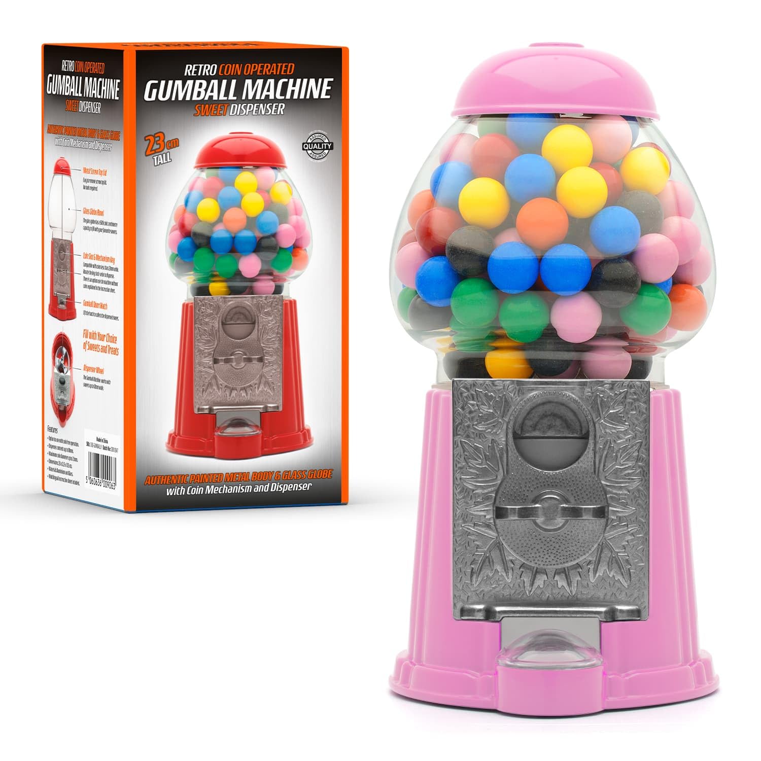 CKB LTD Gumball Machine Retro Sweet Dispenser Storage Piggy Bank Money Box Coin Operated Saver H23cm (Small Size 23 x 12.5 x 11.5cm) (Pink)