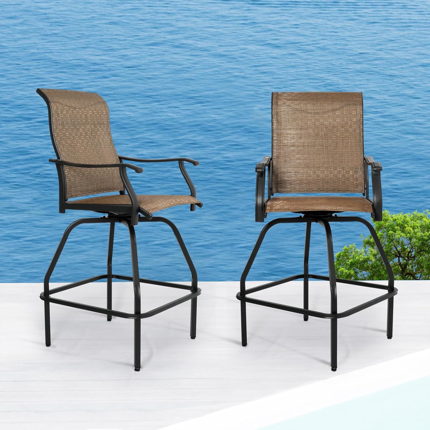 LEVELEVE Patio Bar Set 2pcs Swivel Bar Stools Outdoor Bistro Textilene Furniture Stability All-Weather Set (2, Dark Brown Fabric)