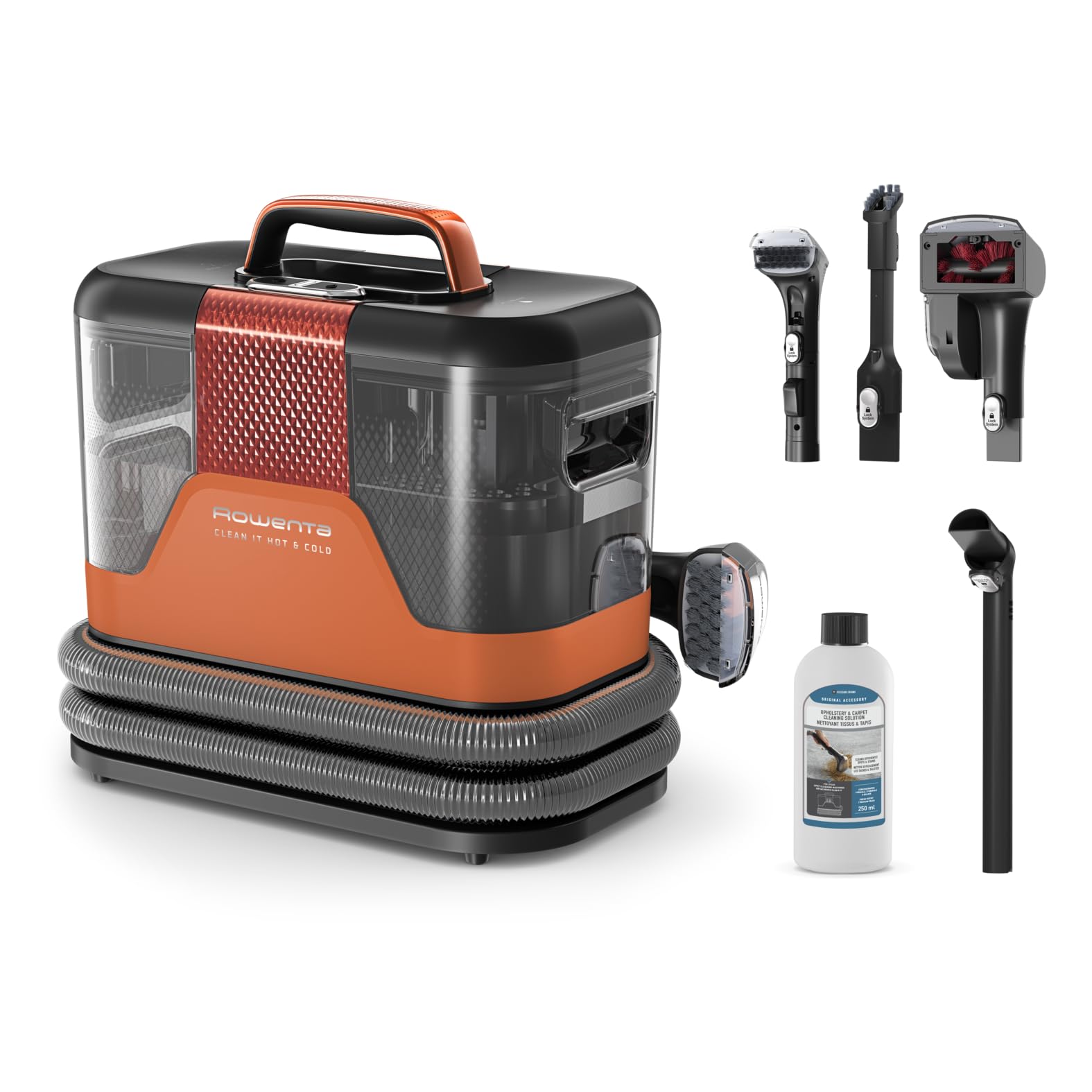 Rowenta Clean It Hot & Cold, Aspirador de tapicerías, Limpiador de manchas y moquetas, Potencia de 1150 W, Tecnología Powerheat, Limpieza 3 en 1, Color Naranja, IN7011F0