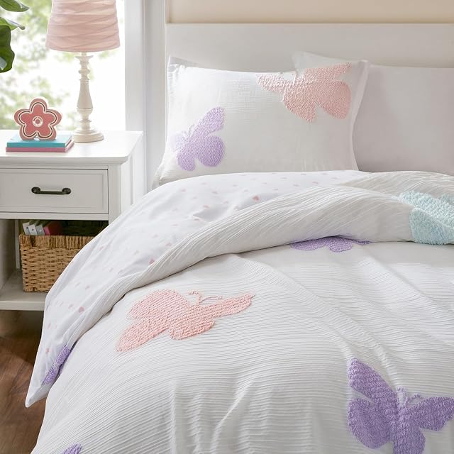 Intelligent Design Intelligent Design Kids Girls Butterflies Multi Twin Duvet Cover Set, 2pc | Children Bedding, Back to School, Tufted Chenille, Pink Polka Dot, Reversible, Machine Washable, Easy Care, Twin, Multicolor