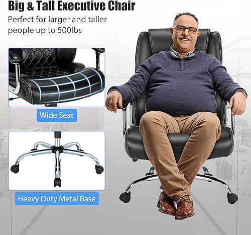 Miniatura 6 de Giantex Silla de oficina grande y alta de 500 libras, asiento ancho, silla ejecutiva de cuero grande con base de metal resistente, silla giratoria