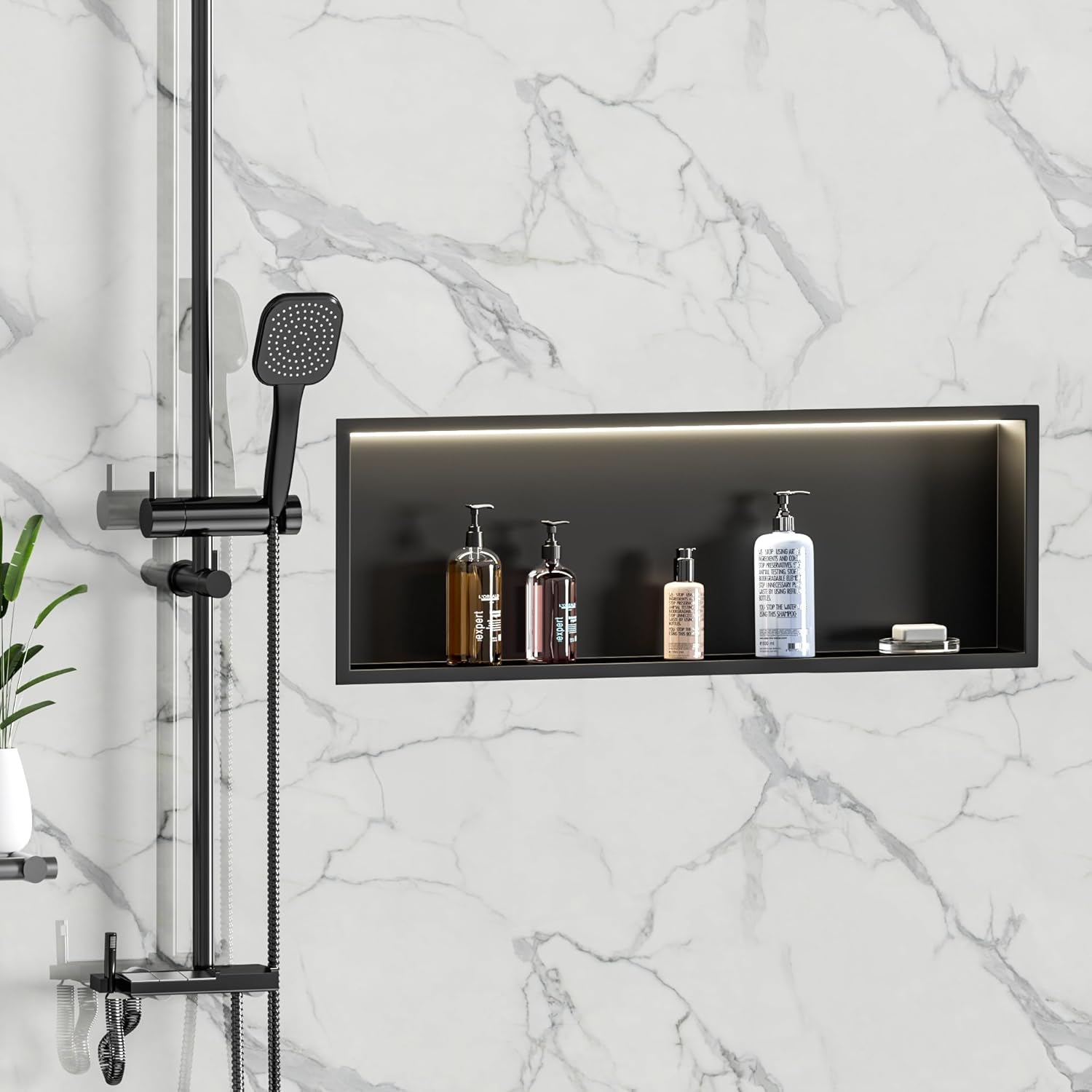 Neodrain LED Light Shower Niche, Matte Black Wall Niche, 36"X12", Stainless Steel Bathroom Cabinet with 3000K Light, Waterproof Recessed Shampoo Storage in Wall, No Tile Needed