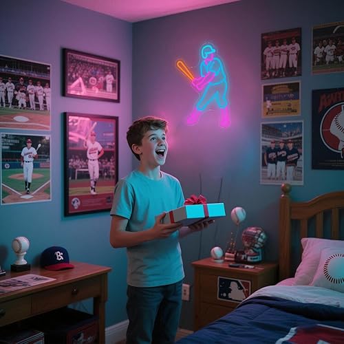 Miniatura 6 de Luz de neón retro de béisbol en azul eléctrico y rosa, vibrante decoración de pared LED para sala de juegos, dormitorio de TikTok y bar, regalo Azul
