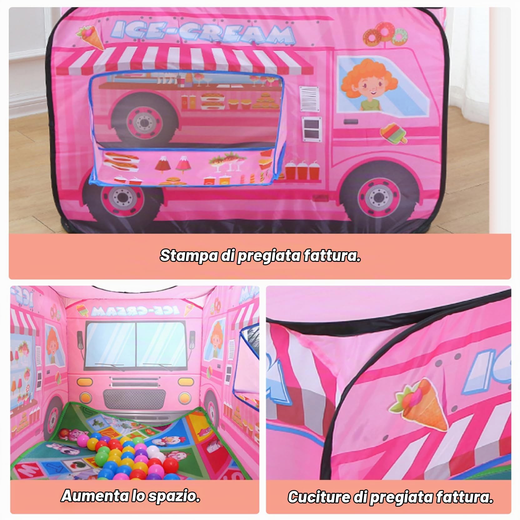 Tenda Pieghevole a Scomparsa per Bambini, camioncino dei Gelati Traspirante ad Alta densità, Tenda da Gioco 44x30x28, casetta da Gioco Portatile per Bambine e Bambini, a Scomparsa p