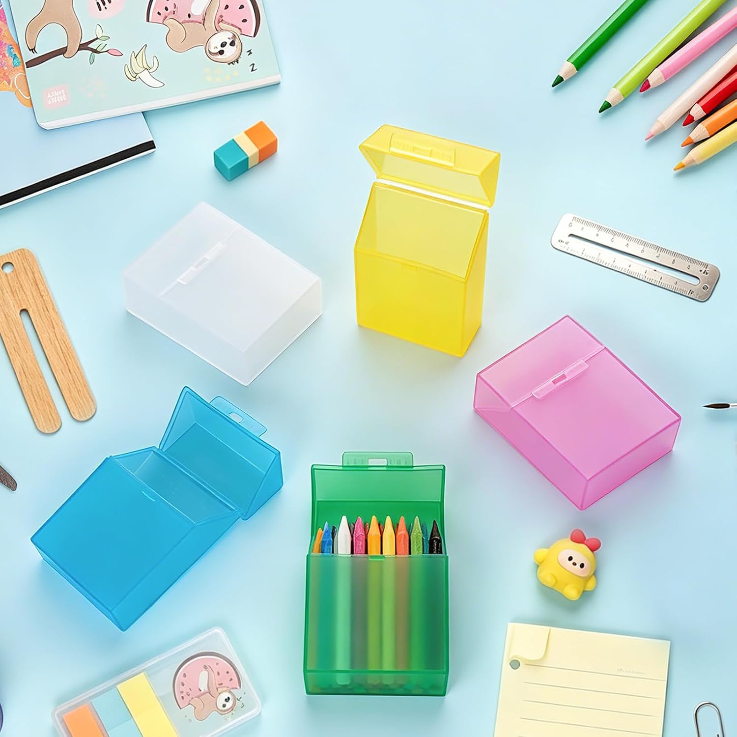 10 Pieces Plastic Crayon Box Clear Crayon Holder Case 24 Crayons with Hinged Lid and Snap Closure for School Classroom Office Art Craft Supply (10 PCS, Multicolored) image 4