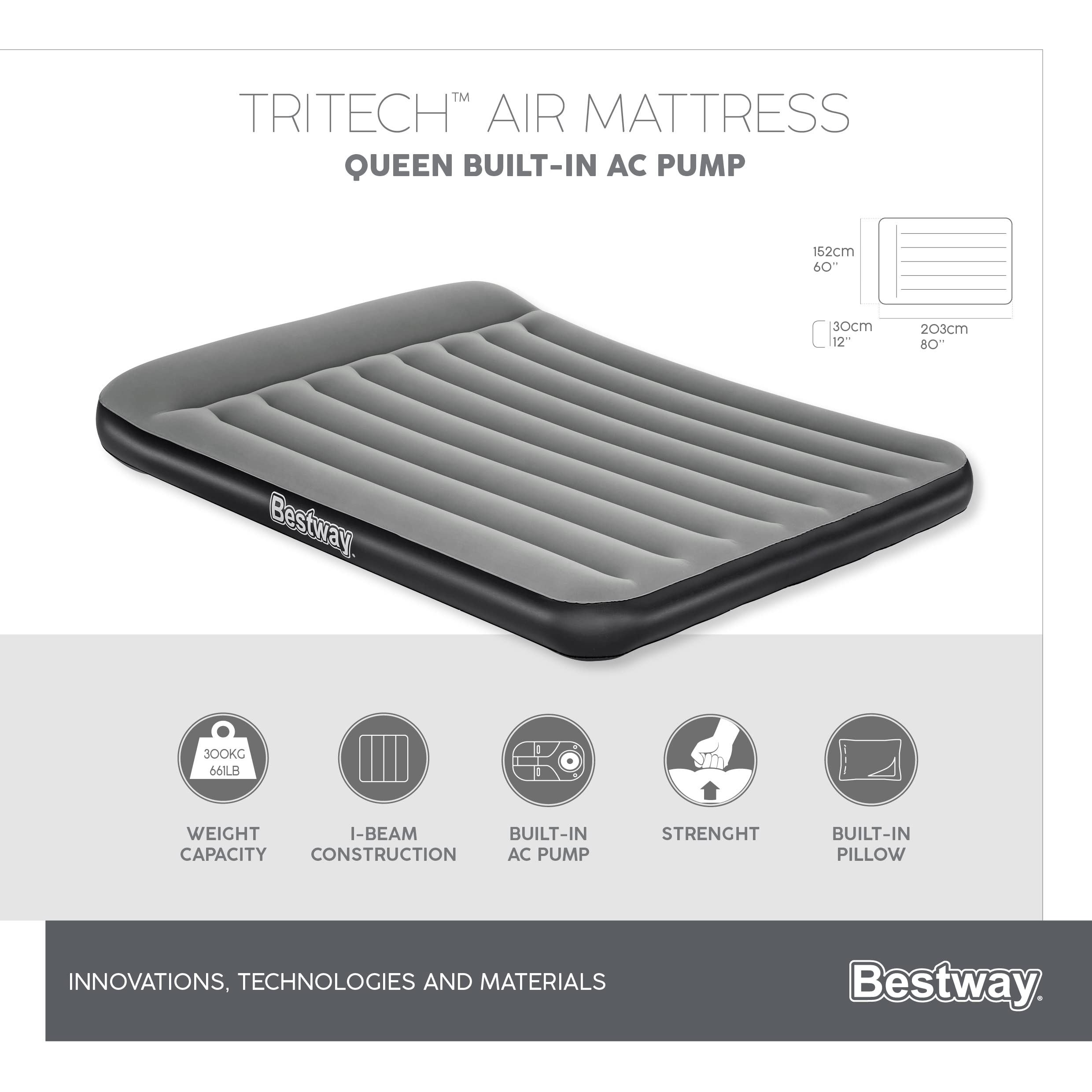 Bestway TriTech Aerolux materac dmuchany ze zintegrowaną pompą elektryczną Double XL/Lo 203 x 152 x 30 cm