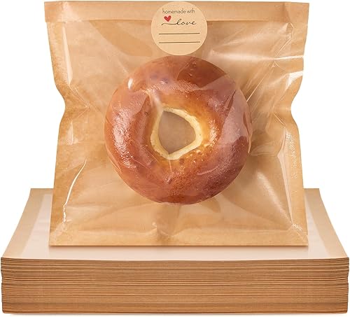 Paquete de 200 bolsas de panadería termosellables con ventana, papel kraft resistente a la grasa, bolsas de galletas para embalaje de donas,