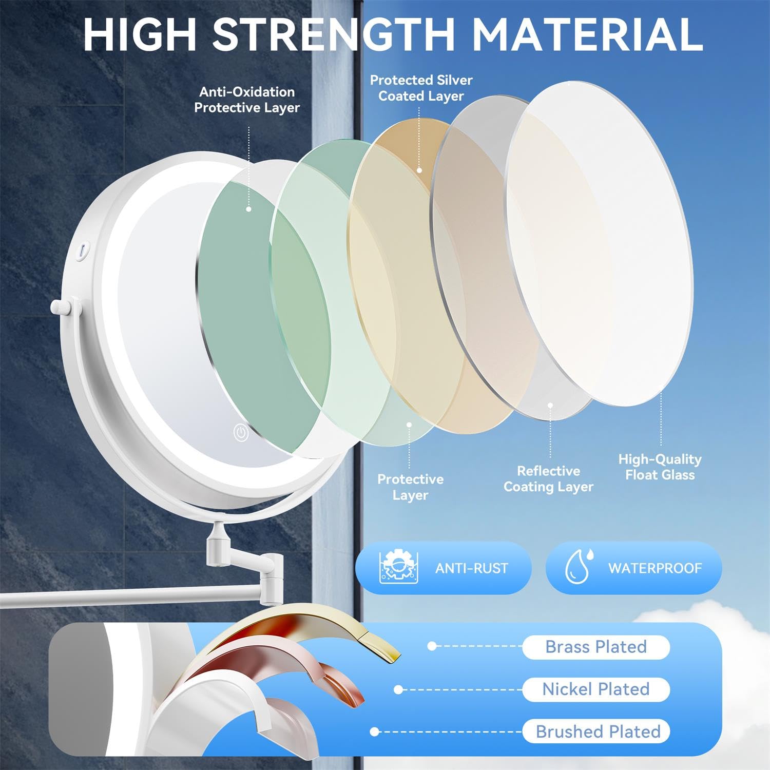 Espejo de maquillaje montado en la pared 1X/30X con luz, espejo de aumento de doble cara de 9 pulgadas, 3 luces de color, espejo de tocador regulable táctil con rotación de extensión de 360°, brazo