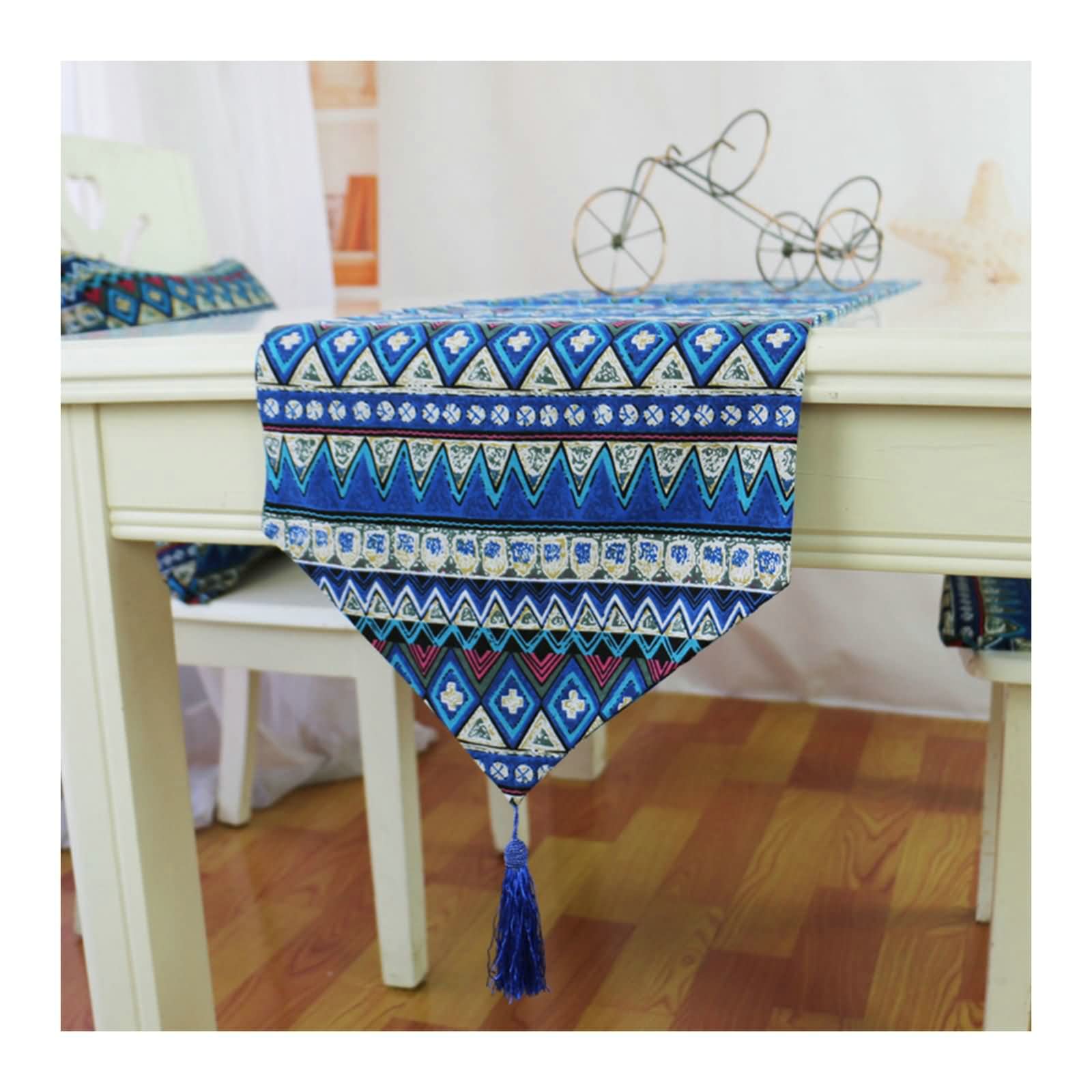 Chemin de table rectangulaire lin coton bleu géométrique déco table 32x180