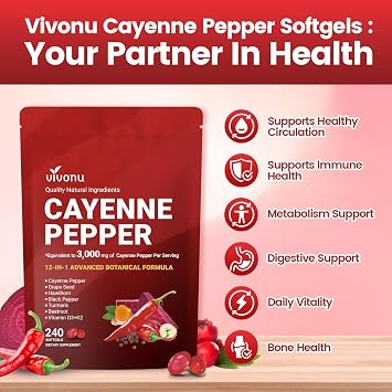 Cayenne Pepper Softgels Supplement with Vitamin E D3+K2 and Extracts of Turmeric, Grape Seed, Hawthorn, Beetroot, Berberine and Others, Supports Leg Vein, Heart and Blood Vessel Health (1 Pack)