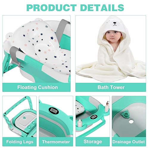 Miniatura 54 de MoreFeel Bañera plegable para bebé recién nacido con termómetro y 1 toalla con capucha y 1 cojín flotante suave, bañera de viaje portátil con Rosa