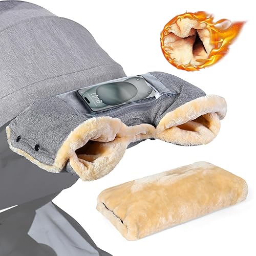 Miniatura 9 de Orzbow Guantes de piel de oveja sintética para cochecito con bolsillos para teléfono, guantes de invierno extra gruesos para cochecito de bebé,