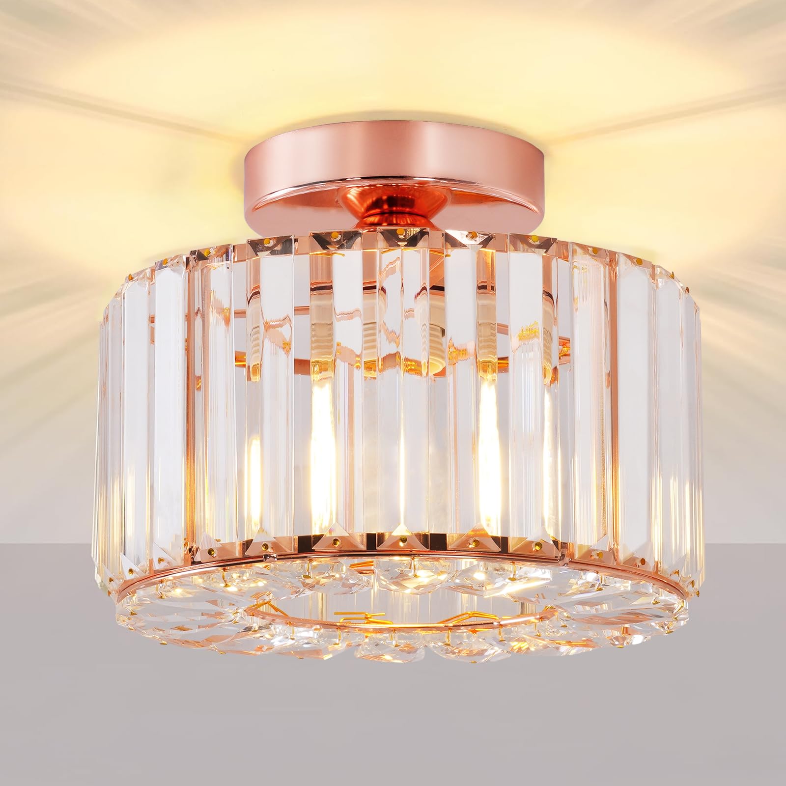 Seruno X Crystals Ceiling Light, Rose Gold Modern Ceiling Lighting Living Room Industrial Chandelier Semi Flush Mount Ceiling Lights for Bedroom Kitchen Dining Room Hallway Bathroom Foyer Bar