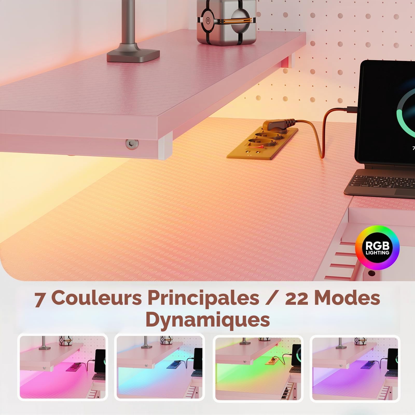 Bestier Petit Bureau Gaming en L 106 cm – avec Prise, Port USB, LED, Étagère & Support Moniteur, Réversible pour Chambre ou Setup Gamer, Rose